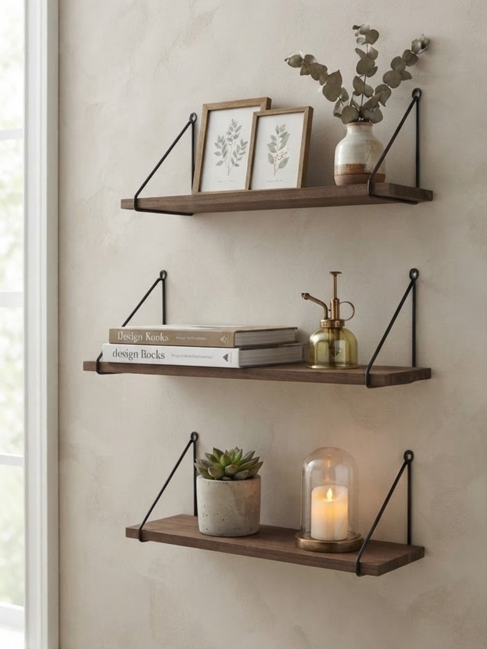 Set of 3 Homedeco Hanging Wall Shelves with Brackets 12.2" x 6" / 31 cm x 15 cm